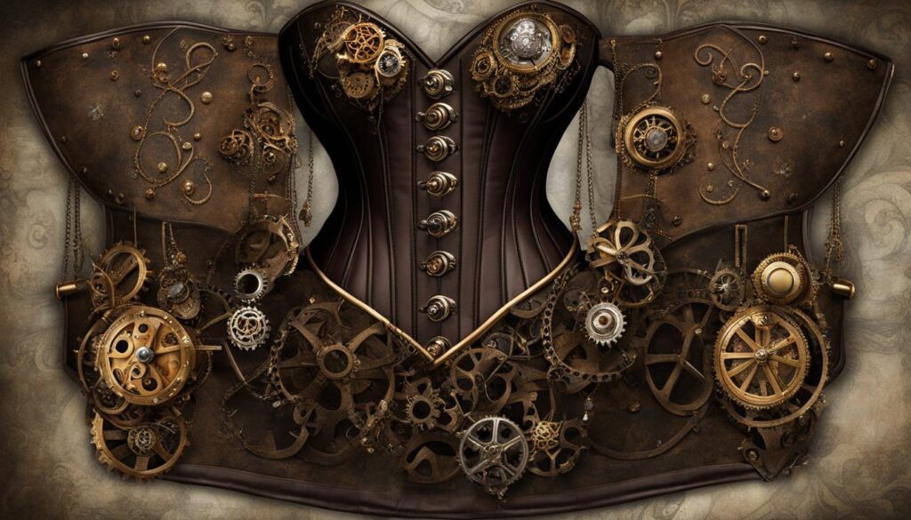 Steampunk corset with brooches and pins